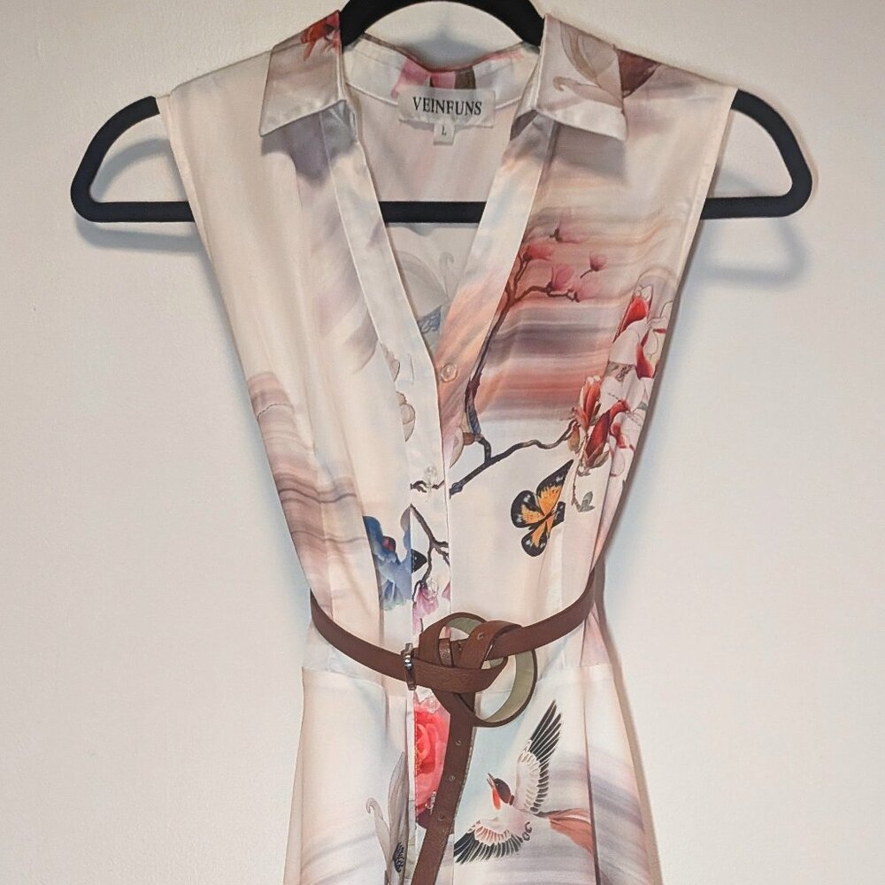 Veinfuns Floral Butterfly Midi Dress Sleeveless Collared Button Front Size L